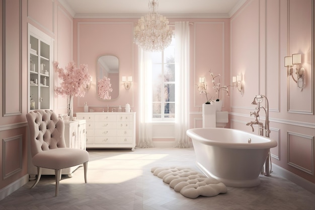 Un baño con una pared rosa y una bañera blanca con un candelabro colgando del techo.