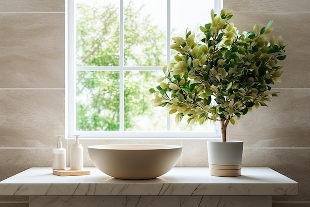 Un baño con una planta en maceta al lado de un fregadero y un árbol.