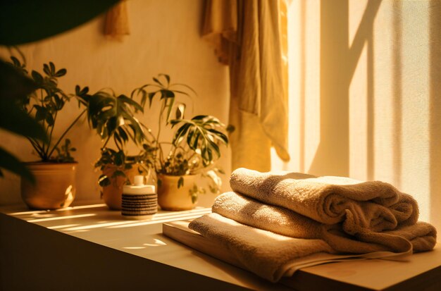 Un baño con plantas, toallas y cepillo.