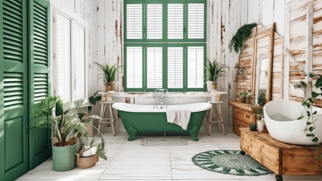 Un baño con plantas verdes y una bañera con repisa de madera.