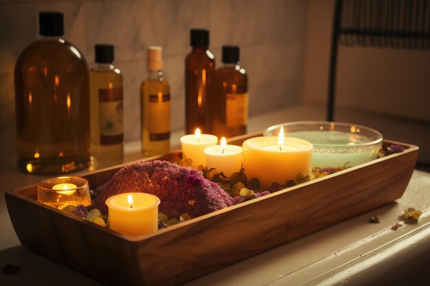 Baño relajante de aromaterapia con aceites esenciales y velas