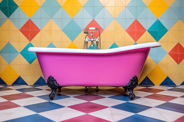 Baño retro con azulejos coloridos y una bañera de patas de garra