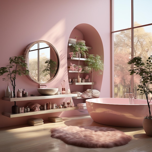 Un baño rosa con bañera y plantas en el suelo.