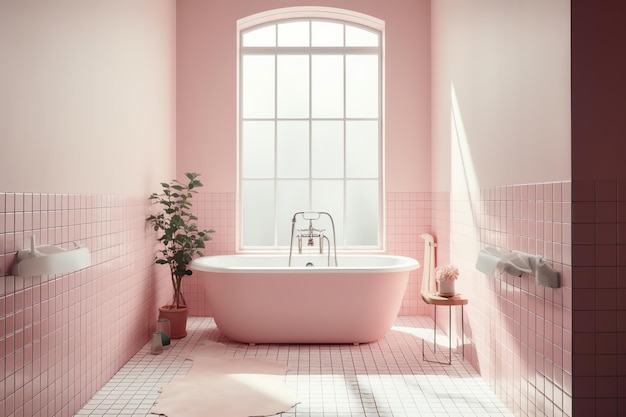 Un baño rosa con una ventana que dice "rosa"