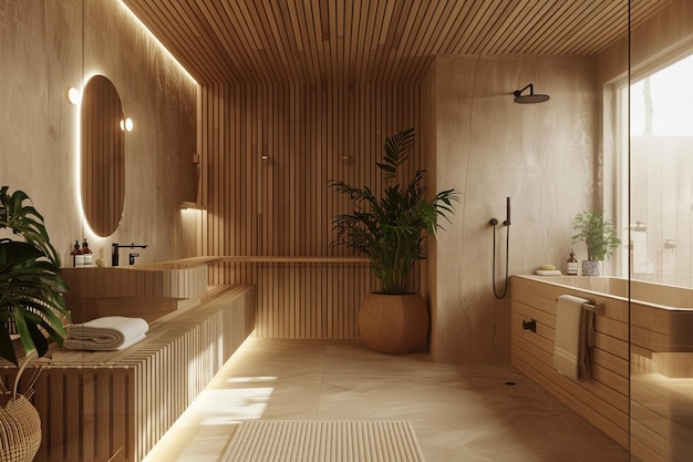 Baño de sauna escandinavo con paredes de madera de cedro