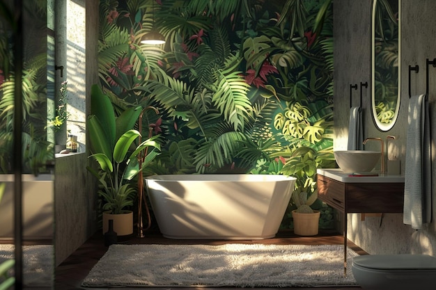 Baño de selva urbana con papel tapiz tropical octa