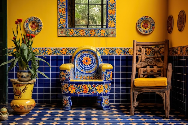 Un baño con una silla de estilo tradicional mexicano decorada con azulejos de cerámica brillantes y muebles de madera