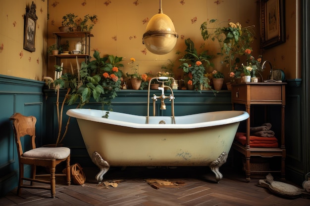 Baño vintage con una bañera de pies de garra anticuada