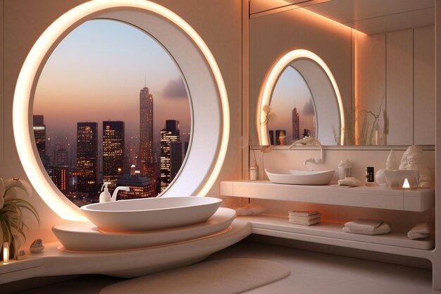 Un baño con vista al horizonte de la ciudad