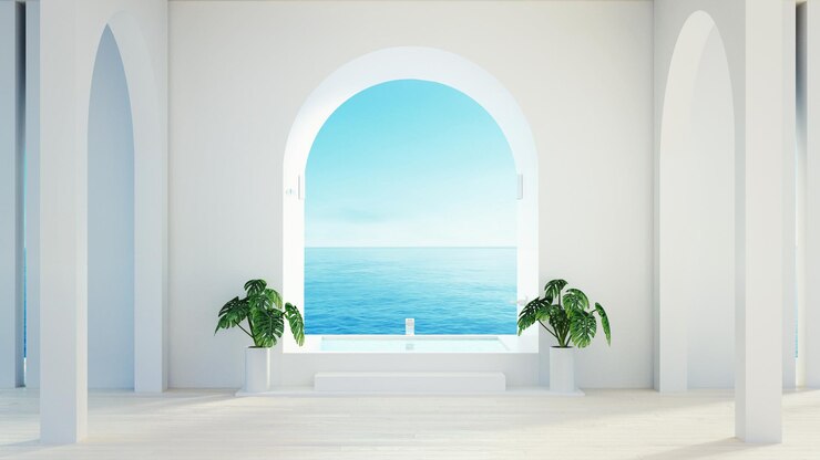 Baño con vista al mar en la playa Hotel de lujo y moderno renderizado 3D