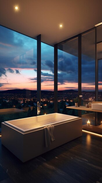 Un baño con vista a la ciudad al atardecer.