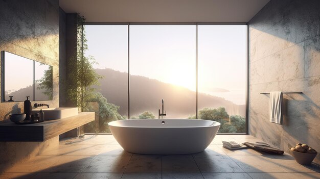 Un baño con vista a las montañas y al sol.