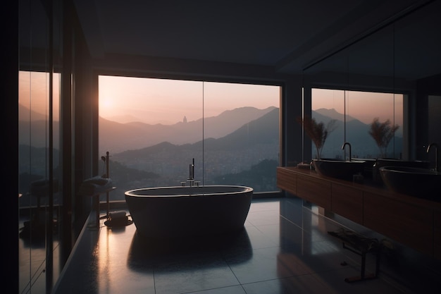Un baño con vista a las montañas de fondo
