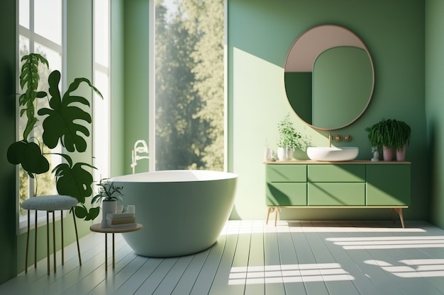 Baños que son contemporáneos de mediados de siglo y minimalistas con pisos de parquet, la luz del sol de la mañana en sus paredes blancas, modernos tocadores de baño verdes y bañeras blancas.