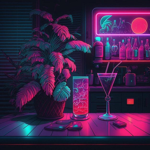 Banquetas de balcão de bar de restaurante noturno de néon moderno design de interiores AI Imagem gerada