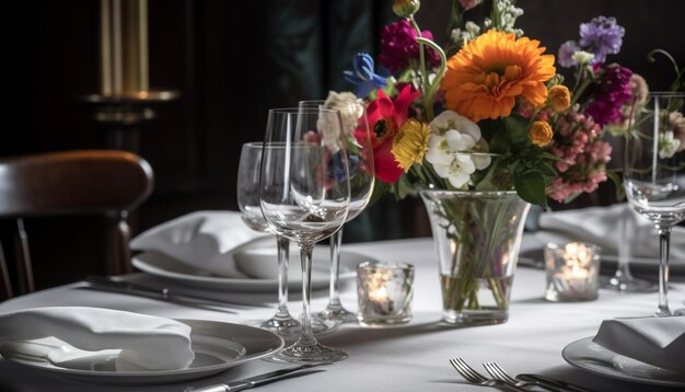 Banquete de bodas de lujo con decoración elegante, cristalería y platería modernas generadas por inteligencia artificial