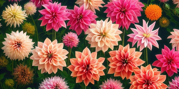 Banquete de flores Dahlia belo arranjo de flores espetacular para o fundo de casamento jantar amor e celebração de aniversário arte digital ilustração 3D