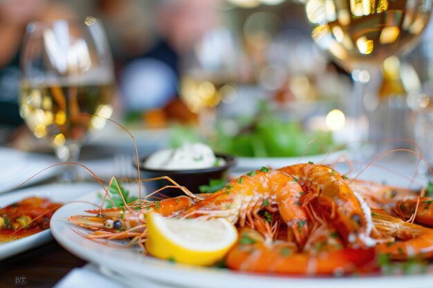 Foto banquete de jantar no pub com comida e bebidas de camarão