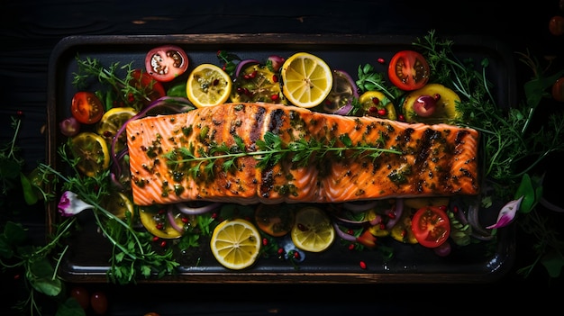 Banquete de Salmão Uma deliciosa dose de salmão grelhado e vegetais vibrantes