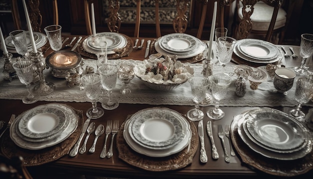 Banquete elegante com talheres ornamentados e vinho gerado por IA