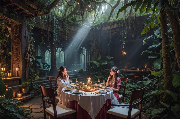 Banquete escondido no templo da selva, ruínas cobertas de vegetação, vida selvagem exótica e festa mística