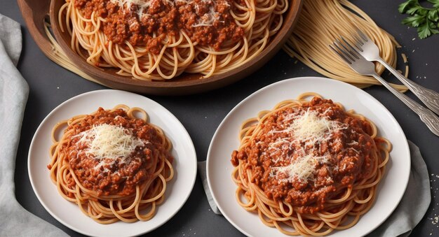 Un banquete de espagueti con platos de pasta y parmesán