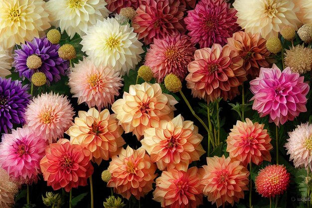 Banquete de flores de dalia hermoso espectacular fondo de arreglo floral