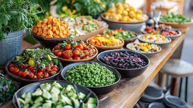 Un banquete en una granja con un enfoque vegetariano o vegano que muestra una variedad de platos coloridos a base de plantas y técnicas culinarias creativas