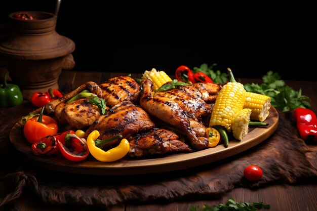 Banquete de pollo a la parrilla saboreando el sabor de la pimienta y el maíz