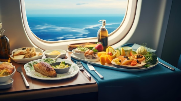 Foto un banquete para los sentidos espera en este viaje en avión privado donde se sirven comidas gourmet contra un