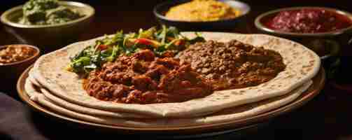 Foto un banquete para los sentidos una toma de primer plano revela una generosa porción de injera adornada con una multitud