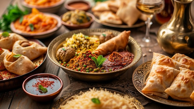 Un banquete tradicional de Oriente Medio exhibido en una mesa durante la hora de la cena