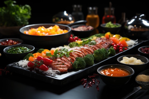 Banquetes variados, pratos suculentos, vegetais coloridos e artesanato em cena apetitosa generativa IA