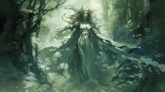 Una Banshee emergiendo de un bosque de niebla