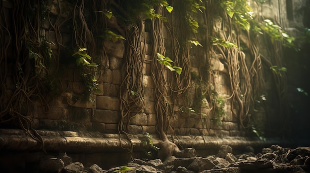 Banyan-Baum in der Stadt, der einen Teil einer Mauer einnimmt Generative KI