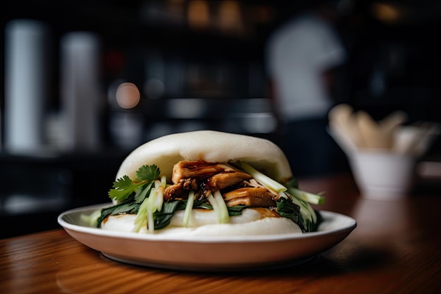 Bao-Brötchen mit saftigem und zartem Hähnchen in der Mitte, erstellt mit generativer KI