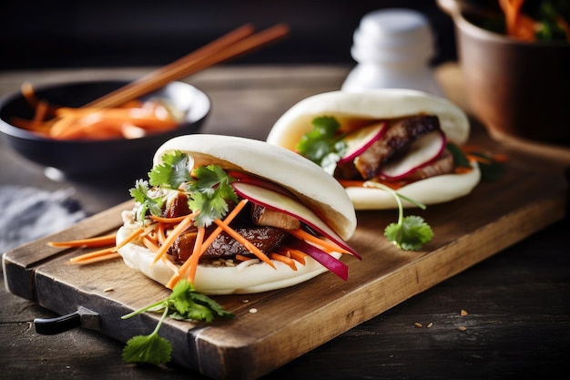 Bao bun com barriga de porco cozida lentamente e legumes em conserva criados com ai generativo