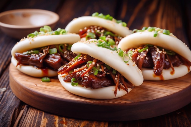 Bao buns plato hawaiano en una mesa de madera concepto de cocina panasiática