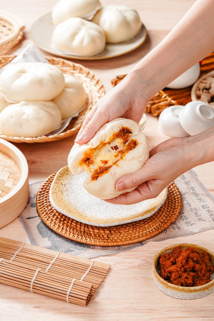 Foto baozi ou chinese steamed buns é um tipo de pão recheado com fermento em várias cozinhas chinesas