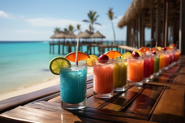 Bar à beira-mar com coquetéis coloridos e bebidas tropicais servidos na areia