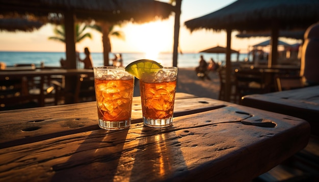 Bar al aire libre al atardecer de verano cóctel de relajación madera beber agua de vaso generada por inteligencia artificial