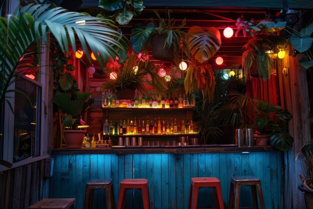 Bar ao ar livre com decoração com temas tropicais conceito de vida noturna de férias IA geradora