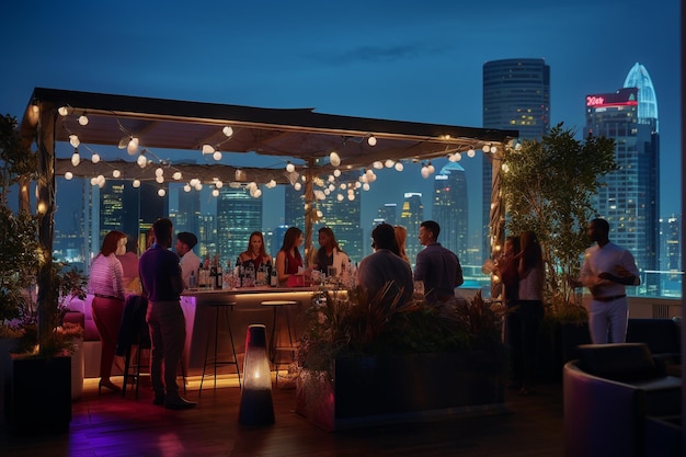 Bar en la azotea por la noche con vista a la ciudad