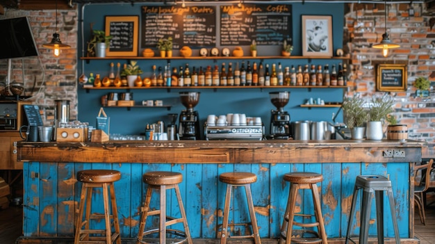 Bar azul con taburetes de madera y pared de ladrillo