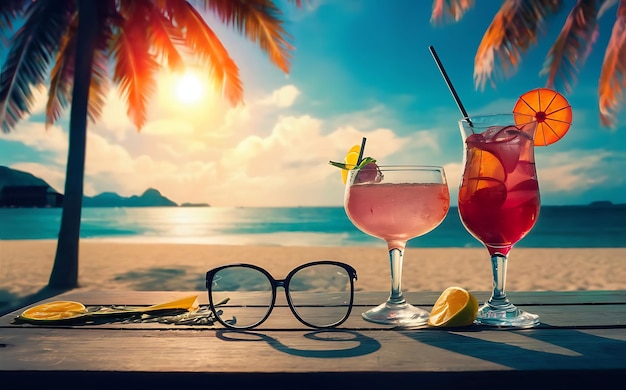 Bar balcão na praia copos com coquetéis copos de sol deitar na mesa conceito de preparação relaxante e verão
