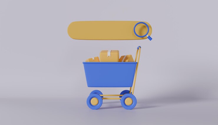 Foto bar de búsqueda de carretillas de compras 3d y cajas de cartón para paquetes al estilo de dibujos animados