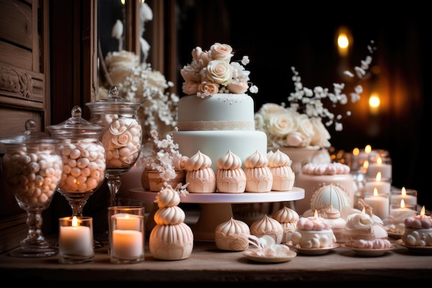 Bar de caramelos y pastel de boda Mesa con buffet de dulces