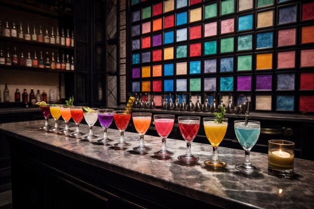 Bar con un colorido menú de cócteles con bebidas únicas y creativas creadas con IA generativa