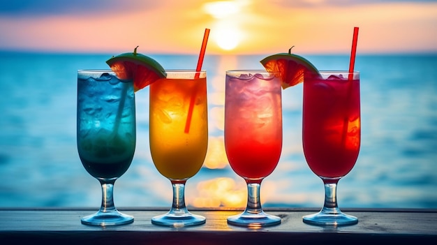 Un bar con coloridos cócteles y una puesta de sol de fondo.