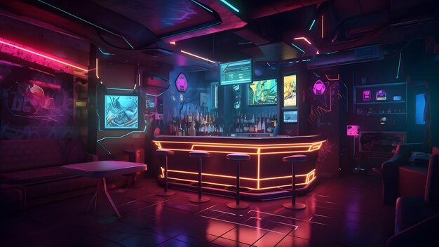 Bar de estilo cyberpunk conceito interior escuro com luzes de néon rede neural gerada em maio de 2023 Não baseado em nenhuma cena ou padrão de pessoa real